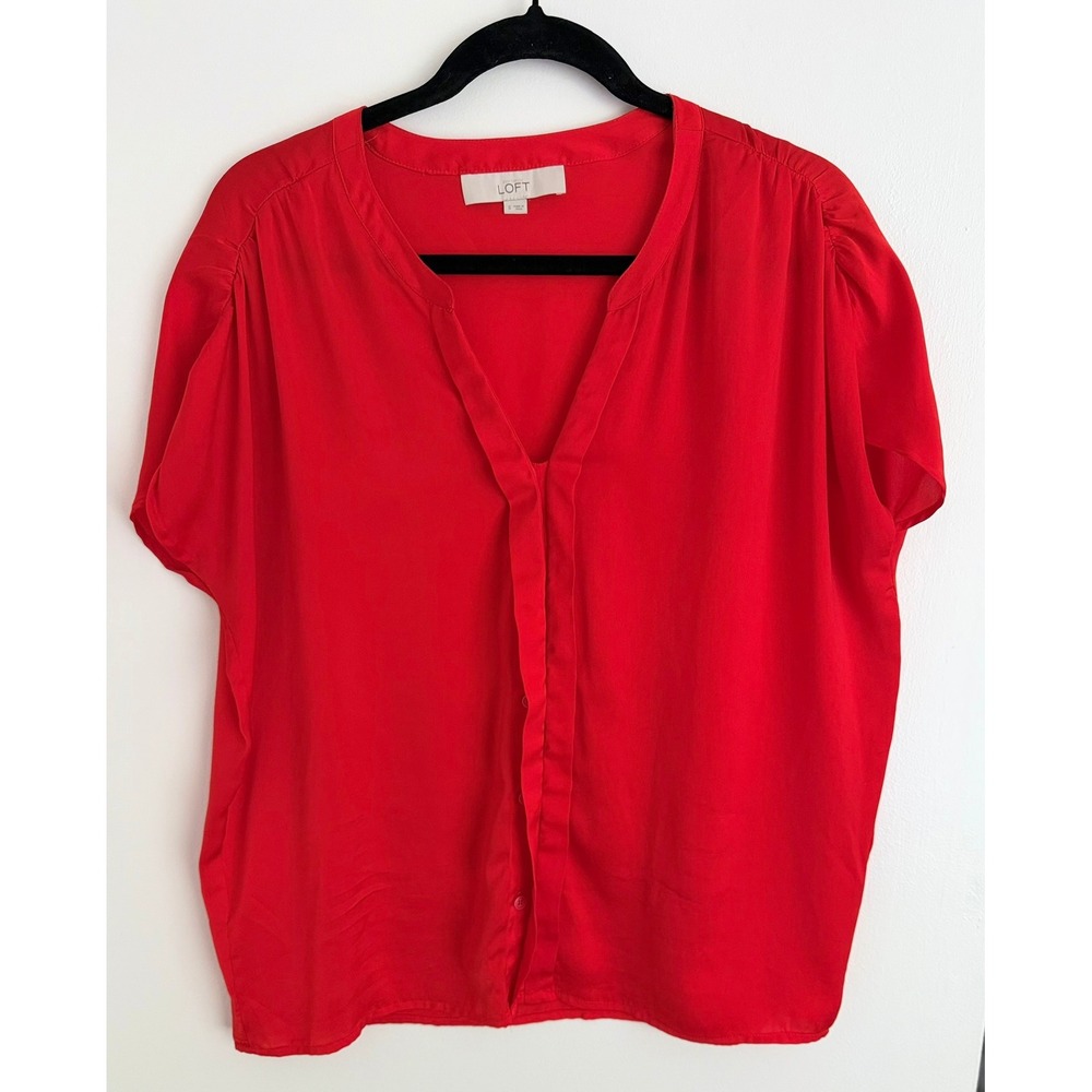 LOFT Red Short Sleeve Split Neck Button Front Blouse Top Small Lightweight